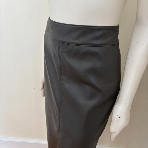 ELIE TAHARI Front Slit Faux Leather Midi Pencil Skirt in Olive Brown SZ 8 - Picture 3 of 11